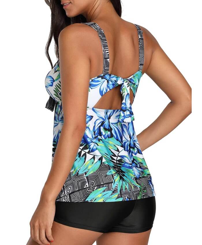 Printed Cutout Back Tankini Top and Shorts